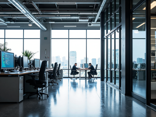 Modern office environment with professional team working on computers, showing collaborative workspace with contemporary furniture and bright lighting