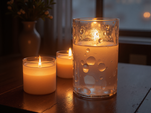 Elegant home decor items arranged on wooden surfaces, including vases, candles, and decorative objects with warm lighting