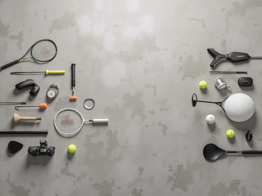 Professional sports equipment and fitness gear displayed outdoors with natural lighting, showing various exercise and outdoor activity equipment